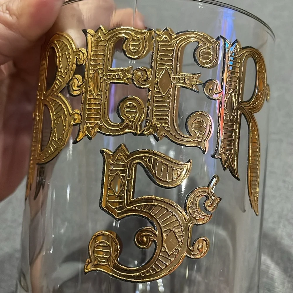 Clear Vintage Glass Beer Mug Stein Gold Letters Beer 5 Cents